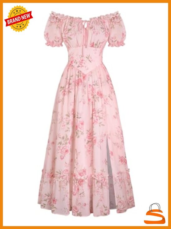Dresses & Skirts - Floral Corset Dress Flowy A-line Midi Puff Sleeve Square Neck Side Pockets